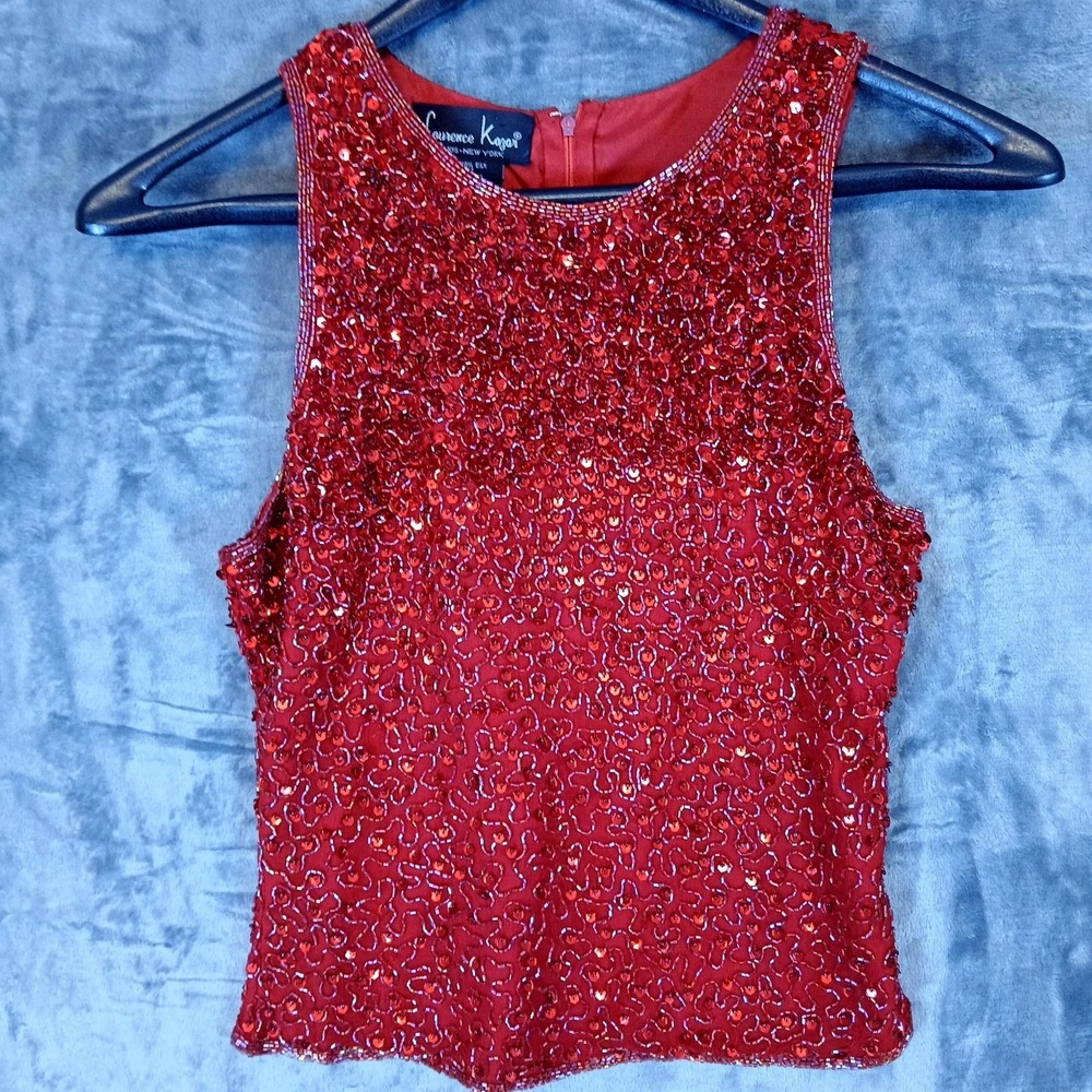 Laurence Kazar Top Womens Small Red Silk Beaded Sequin Sleeveless Tank Party